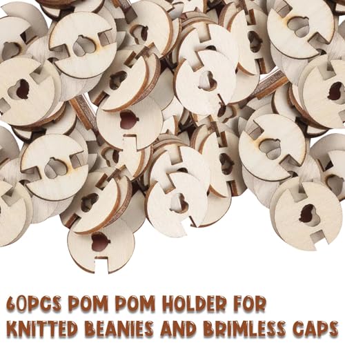 60Pcs Pom Poms Buttons for Hats, Wooden Holder with Detachable Design, Sew-On Buttons for Crochet Projects, Knitting Accessories for Knitting Beanies Caps, Gift for Craft Enthusiasts