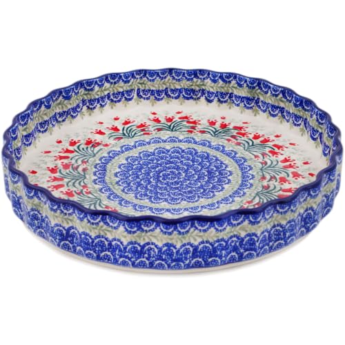 Authentic Polish Pottery Fluted Pie Dish in Crimson Bells Design Handmade in Boles?awiec Poland by Ceramika Artystyczna + Certificate of Authenticity