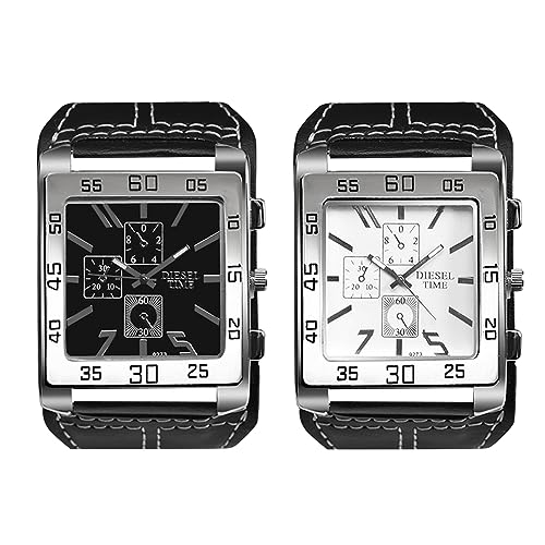 JewelryWe Montre Homme en Cuir Gros Cadran Punk et Rock,Montre Analogique Homme à Quartz,Montre Homme Carré à Aiguilles et Large Bracelet Cuir,1ATM...