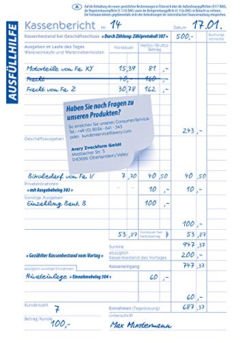 AVERY Zweckform 1265 Recycling Kassenbericht (A5, 50 Blatt, mikroperforiert, retrograde Ermittlung der Tageseinnahmen, von Rechtsexperten geprüft, für DE/AT, zur ordnungsgemäßen Buchführung) weiß