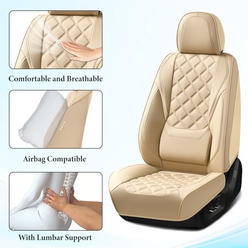 Image of Car Seat Covers Full Set, Luxury Leather Seat Cover for Cars 5 Seats, Front Seats and Back Car Seat Protector Waterproof Seat Cushions, Universal Automotive Seat Covers for Most Cars SUV Trucks, Beige