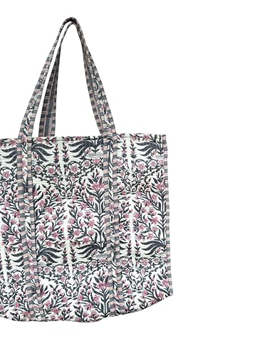 Image of Quilted Cotton Handprinted Reversible Large multicolor Floral Tote Bag,Hand Block Print Shopping Shoulder Carry Bag