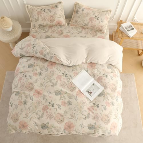 Image of Story@Home King Size Bedcover Set | 400 TC Microfiber Bedding Set with 1 Duvet Cover 1 King Bedsheet 270 x 250 cm & 2 Pillow Covers | Soft Durable Duvet Cover Set Floral Pattern | Beige Pink