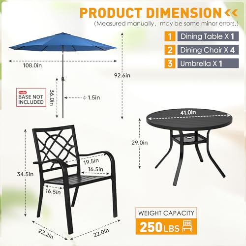 Image of SUNCROWN 6-Piece Outdoor Wrought Iron Chairs and Table Patio Dining Furniture Set - 4 Stackable Metal Chairs, 1 42 inch Round Bistro Table and 1 Dark Blue 9Ft Patio Umbrella for Garden Backyard Deck