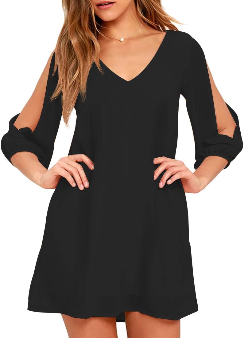 Shy Velvet Women's Casual 3/4 Sleeve V Neck Shift Dress Chiffon Short Party  Dress Black : Amazon.sg: Fashion