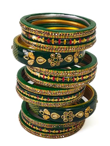 Image of Swara Creations Lah /Lac bangles red and yellow color Set, LAHTHI Churi zircon work for Women and Girls(14pcs)