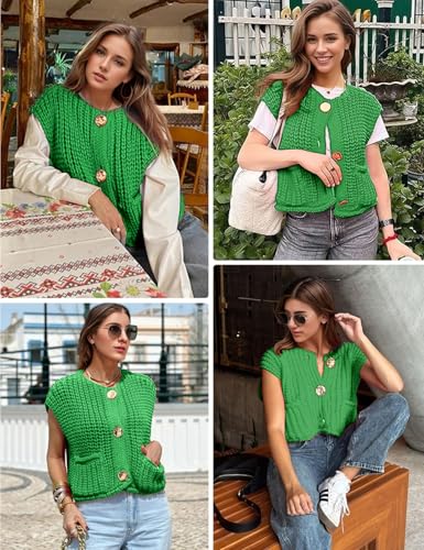 Image of Wyeysyt Sweater Vest Women Sleeveless Crop Knit Cardigan Casual Button Down Cropped Knitted Sweater Vest with Pockets