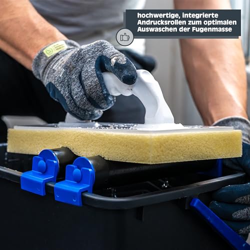 HELPMATE Fliesenwaschset 5-teilig 12 Liter Kunststoff Eimer, Doppelrollenaufsatz, Fliesenwaschbrett und Verfugbrett Made in Germany
