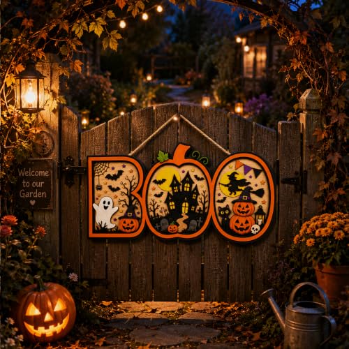 Image of Halloween Decorations - Halloween Wooden Boo Sign for Front Door