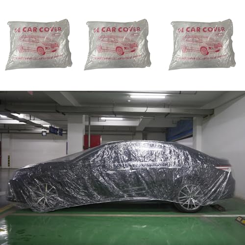 Talyetar 3 pcs Plastic Car Cover Universal Disposable Car Covers Waterproof Clear Car Cover for SUV Sedan with Elastic Band for Outdoor Snow/Rain Weather Protection(15.7ft x 24.6ft)