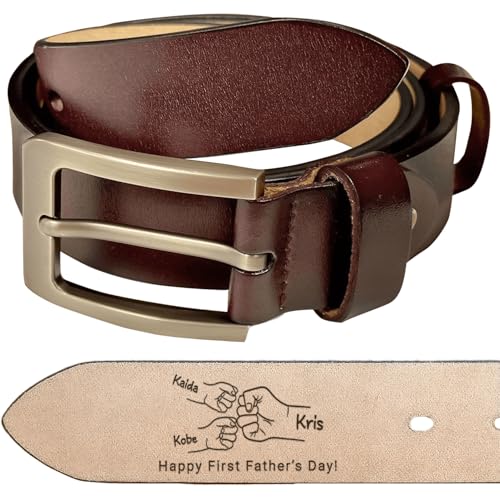 Personalized Dad Belt First Father's Day - Custom Fist Bump Engraved Leather 2 Sided Belts, Customized Handmade Belt, Gift For Husband on Father's Day, Fathers Day Gift From Wife