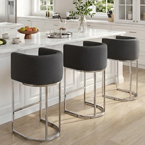 Image of HNY Modern Counter Height Linen Fabric Upholstered Counter Stools Set of 4, 29 Inch Charcoal Kitchen Island Stool with Chrome Finish Metal Frame