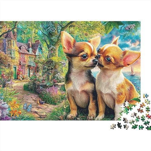 Rompecabezas de 1000 piezas de Chihuahuas en el jardín para adultos de 38x26 cm
