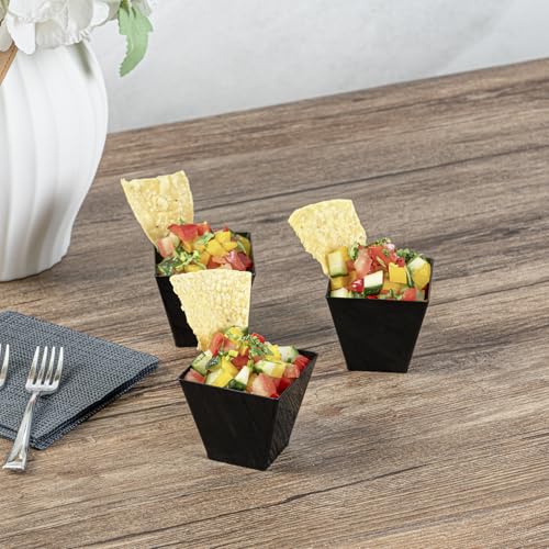 Image of Restaurantware 2-OZ Mini Kova Dessert Tumbler Cup - Elegant Square Black Plastic Cups: Perfect for Serving Desserts and Snack Samples - Disposable and Eco-Friendly - 100-CT
