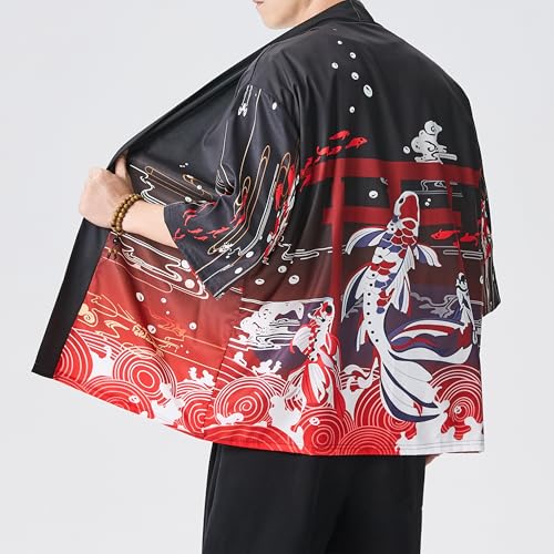 Image of PRIJOUHE Men's Lightweight Kimono Jacket Seven Sleeve Open Front Cardigan Coat Japanese Style Bathrobe