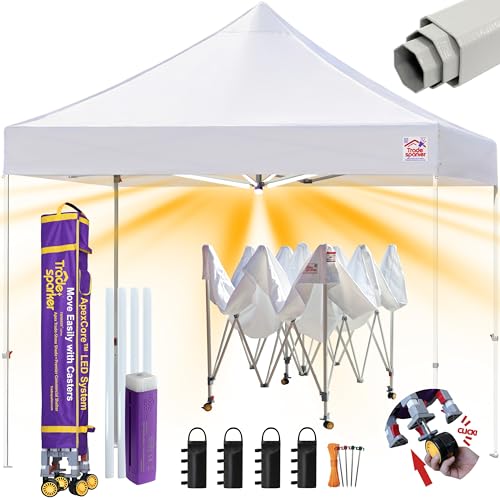 Image of Tradesparker 8x8 Pop Up Canopy Tent,Commercial Movable Canopy with ApexCore LED&Rugged Casters-Instant Easy Setup Shelter Canopies with Weight Bags&Stakes for Outdoor Events Markets Vendors,White