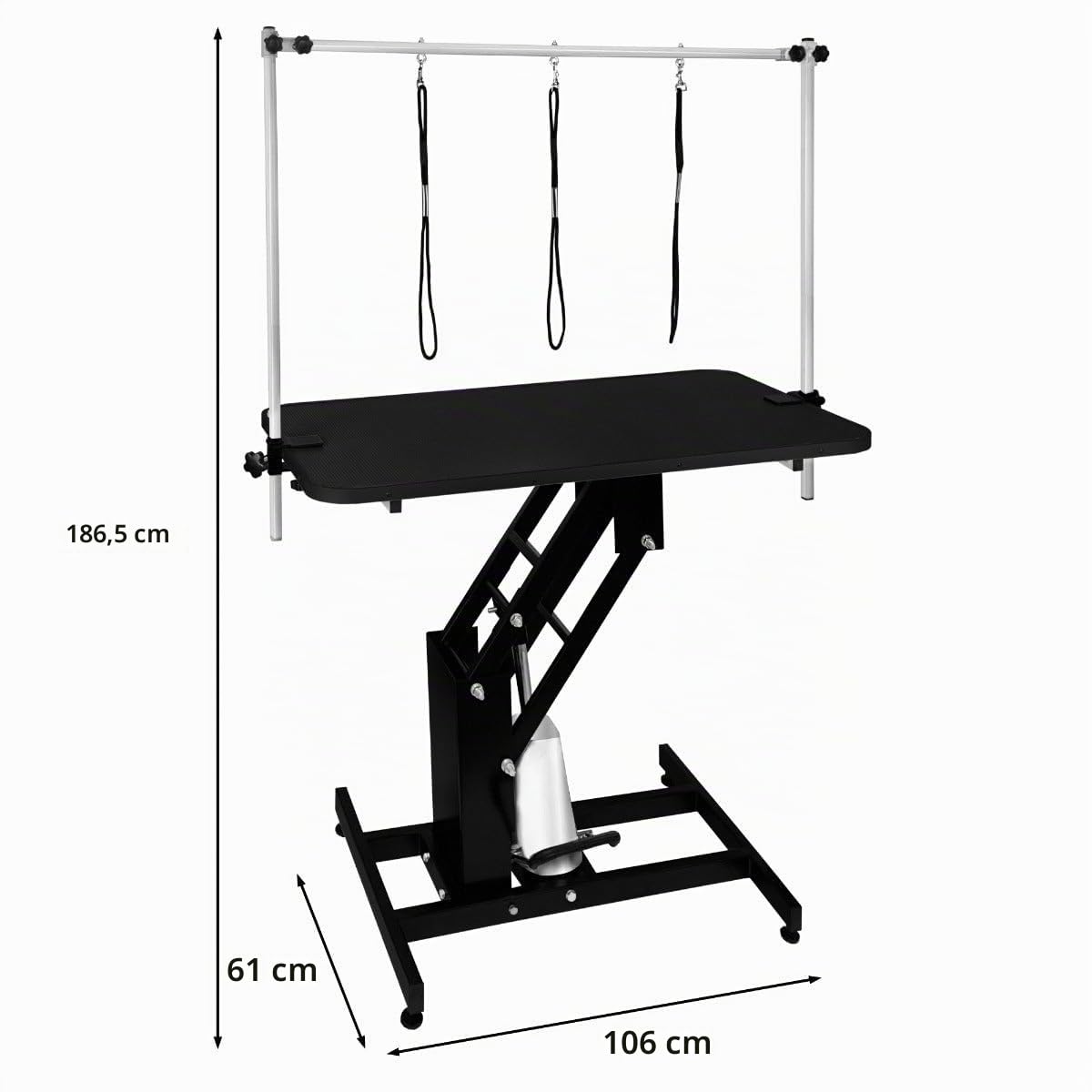 Table Toilettage Hydraulique - Cadre Acier Noir Robuste & Plateau Antidérapant Noir 106 x 61cm - Hauteur 55 à 100cm - Capacité 180 kg - Toilettage Chien Animaux Professionnel.[3 Sangles INCLUSES]