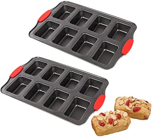 2 Packs 8 Cavity Non-Stock Mini Loaf Pan with Silicone Handle, Mini Bread Loaf Baking Pan Mini Brownie Pan Cheesecake Mould Rectangular Bar