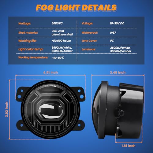 Image of 4 Inch Round LED Fog Lights for 2007-2018 Jeep Wrangler JK JKU 2018-2024 Jeep Wrangler JLU Accessories, 60W White Amber Off-Road Lamps Black Front Bumper LED Fog Lights Assembly, DOT Approved