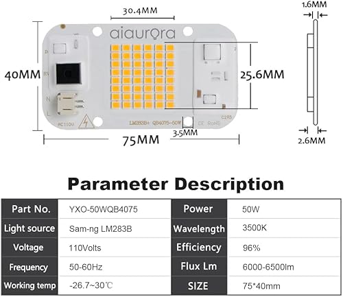 Miniatura 5 de 2 paquetes de chips LED AC110V 50W CA con Bridgelux y LM283B+ diodo COB 3500K 6000K Panel LED de espectro completo para lámpara de cultivo de flores