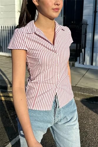 Image of Y2k Girls Vintage Coquette Button Down Shirt Women Short Sleeve V-Neck Slim Fitted T-Shirt Cute Blouse Crop Top