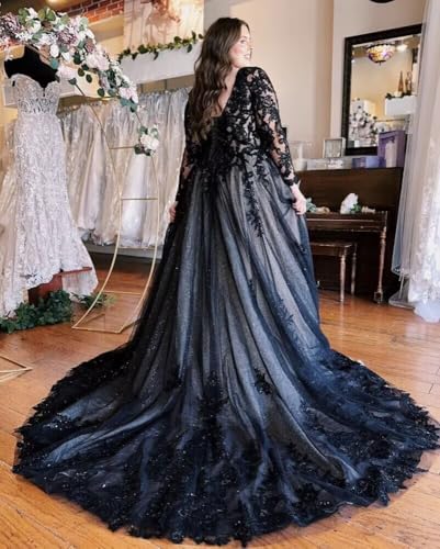 Mouccy Sparkly Black Wedding Dresses for Bride V Neck Long Sleeve Bridal Gowns with Slit Gothic Long Wedding Gown with Train2