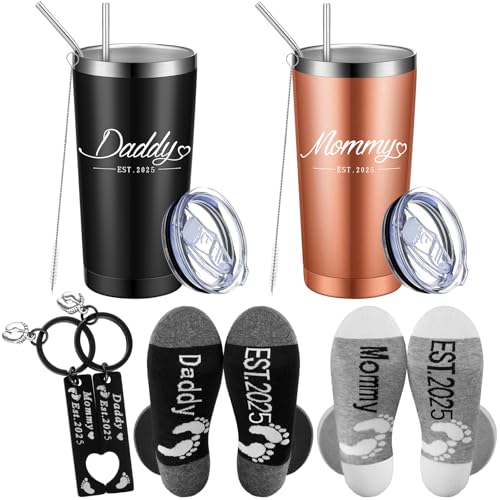 Image of Mifoci 6 Pcs Gifts for New Parents Est 2025 20oz Stainless Steel Insulated Tumbler with Lid Anniversary New Parents Pregnancy Gift Daddy Keychain Socks for Mother's Day Father's Day