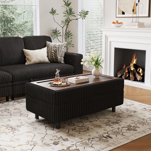 LINSY HOME Sectional Sleeper Sofa Storage Ottoman Bench, Convertible Coffee Table Plush Corduroy Couch Ottoman Footstool for Living Room, Bedroom Entryway and Family Room, Black