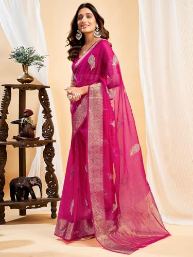 Image of Satrani Women's Organza Sequins Embroidery Jacquard Saree with Unstitched Blouse Piece
