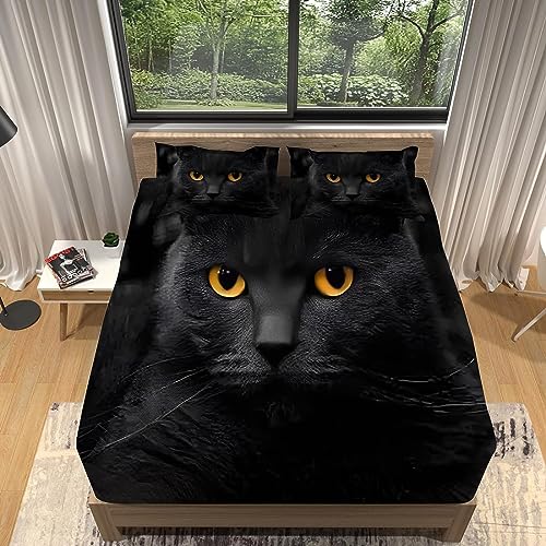 Drap Housse 90x190 cm Chat Noir, 3D Noir Drap-Housse Coton - pour lit de 90 x 190 à 30 cm - Hauteur du Matelas, Microfibre Drap Housse Enfant avec 1 Taie...