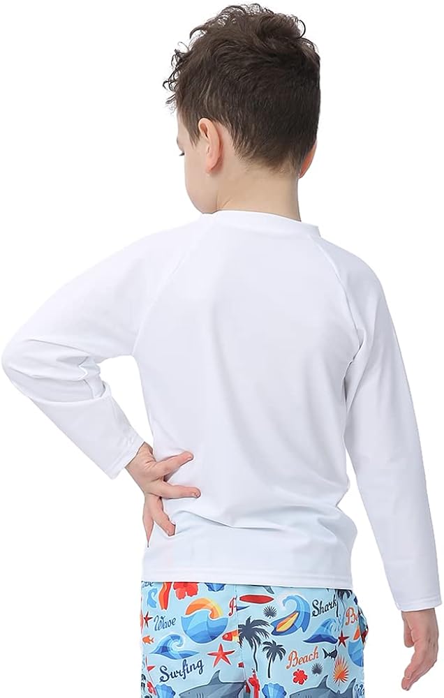 ESTAMICO Boys' UPF 50+ Long-Sleeve Rashguard Athletic Swim Shirt 12 Solid White