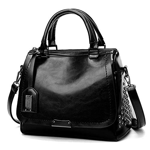 SEEHAN Sacs à Main Pour Dames/Sac à Bandoulière Rivet Mode Rétro Pour les Femmes Huile Cire Grande Capacité 28 * 14 * 21cm Poids: 0,7 kg (noir)
