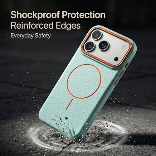 Image of amazon basics Luxury MagSafe Compatible Leather Texture Back Cover for iPhone 17 Pro Max | Raised Camera Protection | Slim Fit Shockproof Case with Metallic Accents (Light Blue)