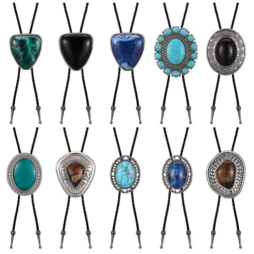 Image of 10 Pcs Bolo Tie for Men Women Western Cowboy Accessories Leather Necktie with Tiger Eye Stone Costume Accessories