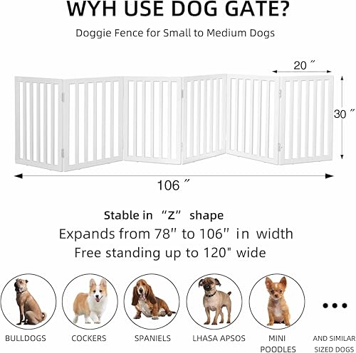 Image of Belief Foldable Wooden Pet Gate for Dogs & Cats - Indoor Safety Barrier for Doorways, Hallways & Stairs | Free-Standing, Portable White Dog Fence - 3 Panel, 60 cm Height (【6 Panels 】 120''W x 30''H)