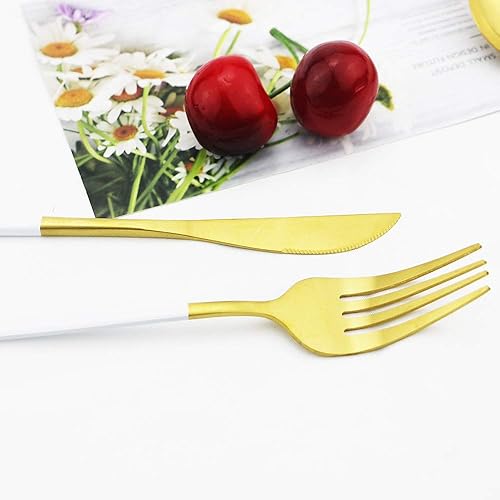 Miniatura 2 de JASHII - Juego de cubiertos dorados con mango blanco, juego de cubiertos de acero inoxidable con acabado mate, incluye tenedores, cuchara,