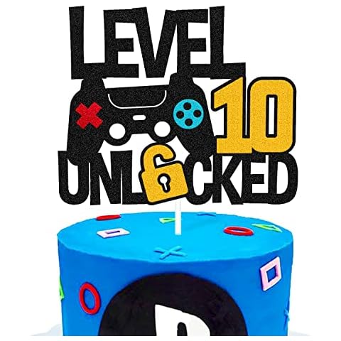 Level 10th Unlocked Cake Topper Game Controller 10s Cake Decoration Happy 10 Birthday Cake Decor Video Play Game Movie Theme Boys Girls Men Women Teenager Bday Party Event Celebration Supplies Cover