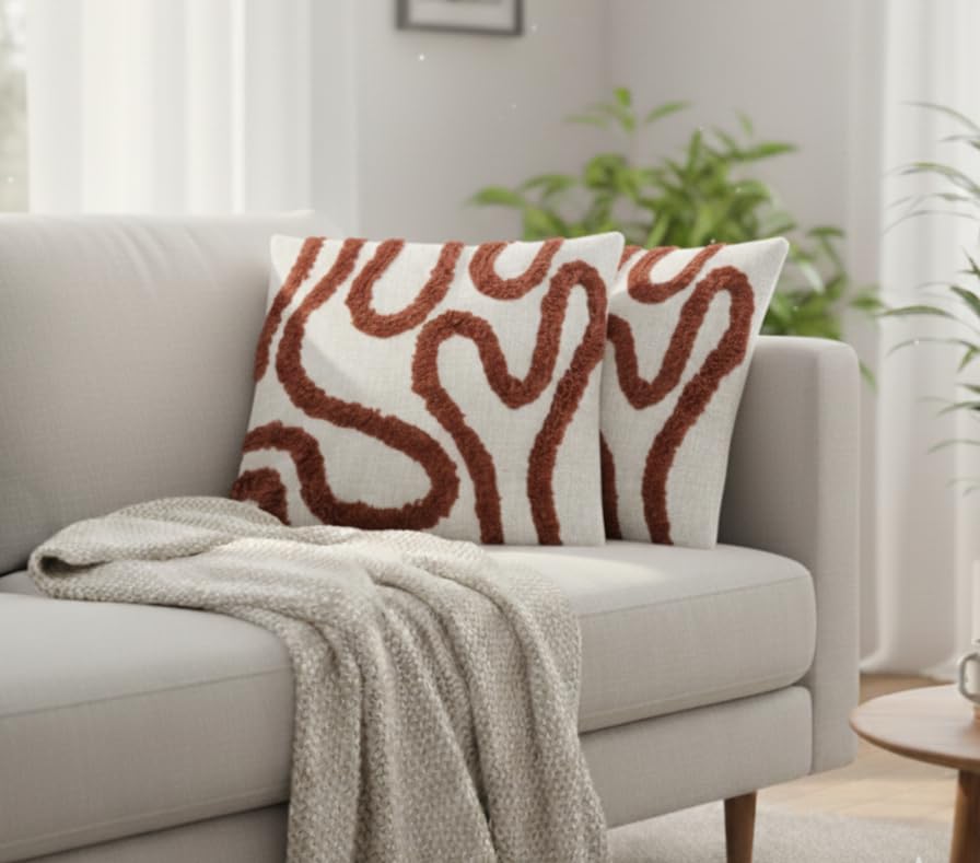 Image of Furnistitchs Premium Decorative Throw Cushion Pillow Cover Boho Home Decor - Living Room Bedroom Couch Sofa Cushion Covers 16 inch x 16 inch (1, Rust Zigzag)