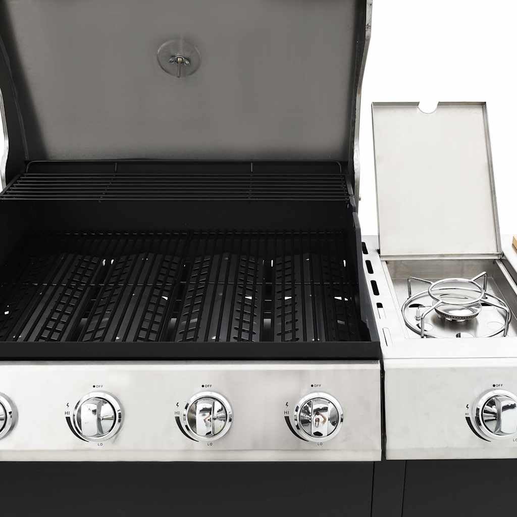 Gasgrill-Set 4+1 HOEK DE Modell Edelstahl Stahl mit 48.000 BTU, Seitenbrenner, Temperaturanzeige, Schneidebrett, Spüle, mobil für Outdoor-Küche, Camping, Party, Haushalt