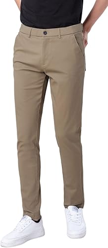 Plaid&Plain - Pantalones de color caqui elásticos y ajustados para hombre