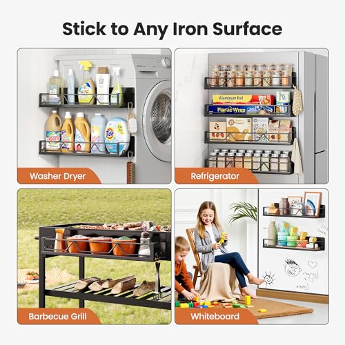 Image of 16.9 Inch Wide Large Capacity Magnetic Spice Rack for Refrigerator, 4 Pack Metal Fridge Shelf, Black