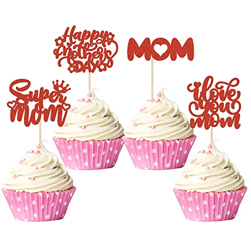 Gyufise 24 Pack Happy Mother's Day Cupcake Toppers Glitter Heart Best Mom Cupcake Picks I Love Mom Cake Decorations For Happy Mother's Day Theme Women Birthday Party Supplies Red #TOP16