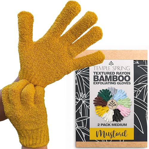 Temple Spring Exfoliating Glove, Carbonized Rayon Bamboo Body Scrubber, Loofah Exfoliating Mitt, Shower Scrubber Wash Cloth, Body Exfoliator Scrub, Loofa Shower Gloves Bath Sponge - Mustard Yellow