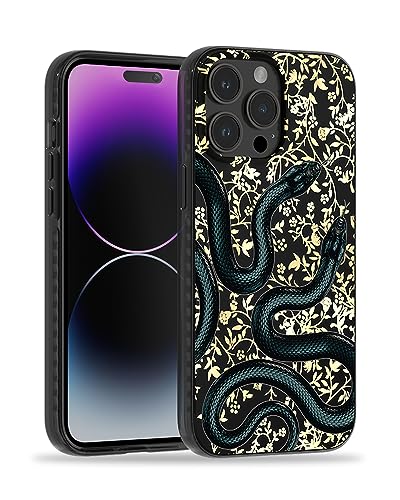 Coque iPhone 15 Pro aimantée motif serpent noir vintage chic pour femmes