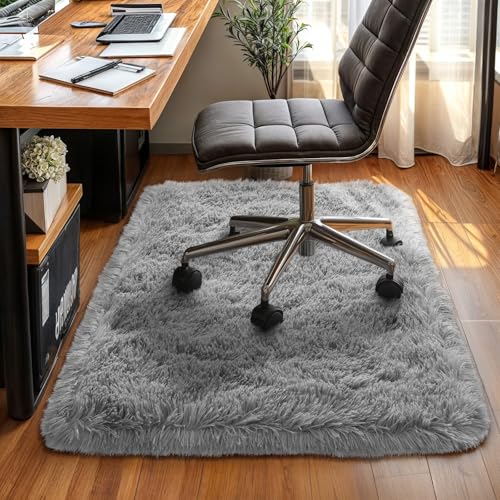 Small Bedside Rug, 2x3 Non Slip Fluffy Shaggy Entryway Throw Rugs for Bedroom Living Room, Indoor Floor Carpet for Kids Girls and Boys, Nursery Rooms Mat, Home Decor Aesthetic, Light Grey