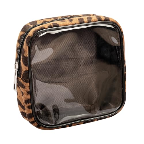Leopard Print Clear Makeup Bag Travel Cosmetic Case Transparent Toiletry Bag with Zipper, Portable Make Up Organizer Traveling Compact Car Bag for Essentials (Brown)