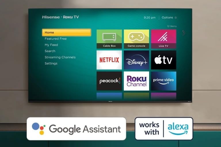 Hisense Roku TV home screen displaying various streaming app icons and voice assistant logos