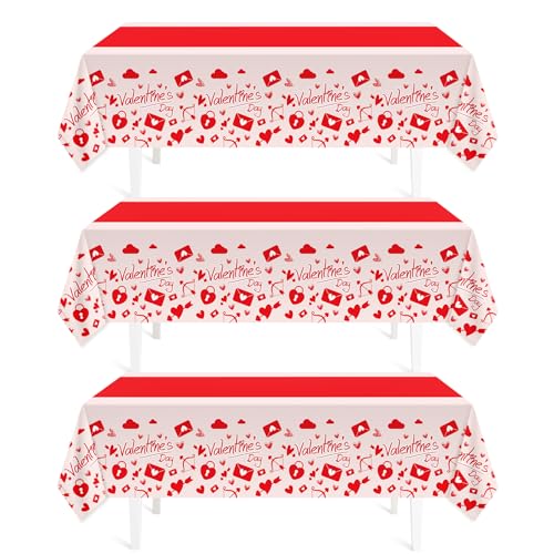 Childom Valentines Day Tablecloth for Valentines Day Decorations Party,3 Pack Disposable Plastic Valentines Table Cloths 54" x 108" Pink Table Cover,Valentines Decor for Wedding Engagement Anniversary