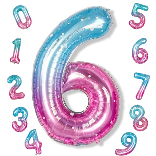 Image of 40 Inch Balloon Number 6 Blue Pink, Large Foil Mermaid 6 Balloons Number for Women, Starry Rainbow Globos de Numero 6 Helium Balloons for Girls 6th Birthday Anniversary Graduation Party Decorations