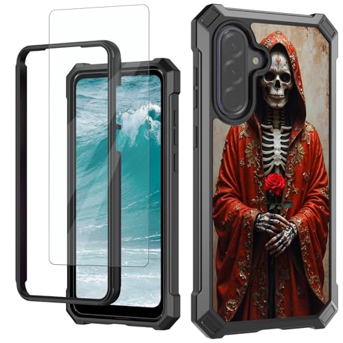 for Samsung Galaxy A17 5G/ A26 5G Phone Case 6.7" 2025 with Tempered Glass Screen Protector Women Men Dual Layer Soft TPU Hard PC Bumper Heavy Duty Shockproof Protective Cover Case,Skulls Roses